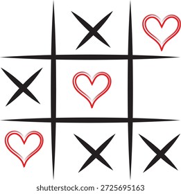 Ilustración clásica del juego del dedo del pie del tic tac que muestra el símbolo del corazón ganando contra las marcas x opuestas