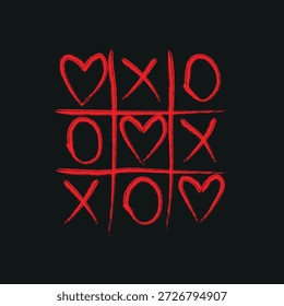 Jogo de jogo clássico de tique tac toe visualmente representado com símbolos de corações vermelhos desenhados à mão triunfando sobre Xs em um padrão de vitória diagonal em uma tela escura.