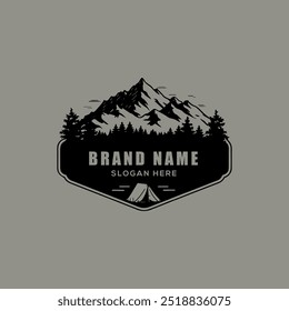 A classic and timeless logo design featuring a mountain range, pine trees, and a tent, all rendered in a vintage, hand-drawn style. 