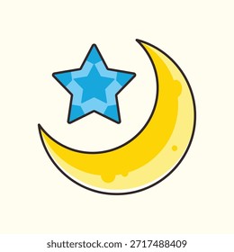 Una representación de Vector clásica y atemporal de la luna creciente emparejada con una estrella. Estas imágenes son sinónimos de la fe islámica y se utilizan ampliamente para representar el inicio del mes lunar, marcando eventos significativos como el comienzo del Ramadán y Eid al-Fitr.