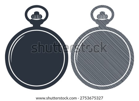 Classic timepiece icon, round pocket watch shape, traditional clockwork, retro object set