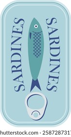 Classic tin can sardines. Aesthetic vector illustration on transparent background. Canned fish artwork. Seafood packaging poster template. Restaurant, cafe, or kitchen wall decor.