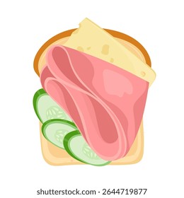 Classic toasted bread slices with cheese and ham. Traditional open sandwich. Nutritious breakfast or snack. Vector illustration for card, banner, poster, print. Top view food design element