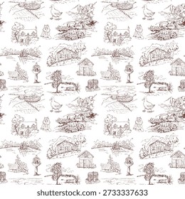 Classic Toile de Jouy pattern with village houses and domestic animals