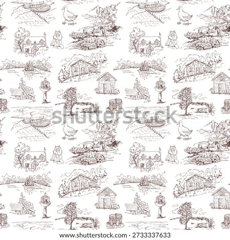Classic Toile de Jouy pattern with village houses and domestic animals