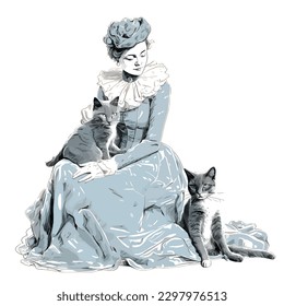 Classic toile de jouy style of a lady with two cats illustration