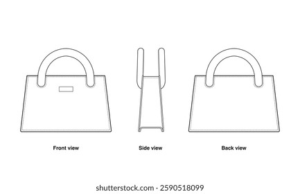 Classic Top-Handle Tote Bag Technical Fashion Illustration. Chunky handle Trapezoid Handbag Vector Template. Minimalist Design. Front, side, and back View. Elegant and Timeless Style. CAD Mockup set.