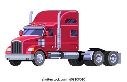 Classic tractor truck with sleeper cab and fifth wheel. Simple front side view clipart drawing in flat color. Isolated red truck vector illustration
