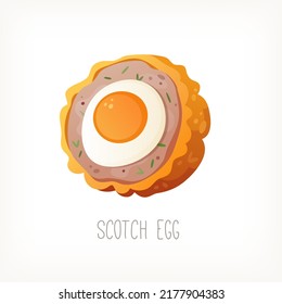 Classic traditional dish of British street food. Scotch egg. Deep fried crispy boiled egg in sausage meat. Vector image good for menu, bodega posters, shop labels or packaging designs. 