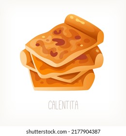 Classic Traditional Dish Of British Street Food. Calentita. Flat Oven Bakes Bread Made From Chickpea.  Vector Image Good For Menu, Bodega Posters, Shop Labels Or Packaging Designs. 