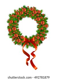 Classic Traditional Photo Realistic Vector Christmas Wreath Isolated On White