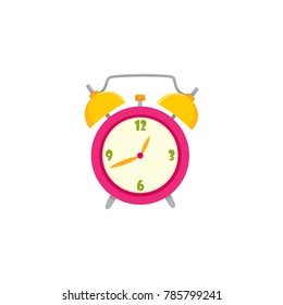 Classic, traditional round mechanical alarm clock with two bells, flat cartoon vector illustration on white background. Mechanical, analog alarm clock with bells, front view
