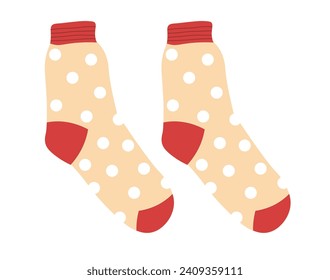 Classic or traditional style socks pair. Stylish cotton or wool clothing items, knitted garment accessory with polka dots print. Isolates foot wear, winter trendy long stockings. Vector in flat style