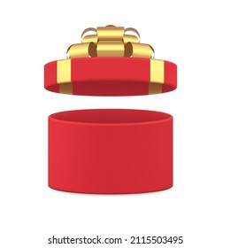 Caja tradicional tradicional de regalo de círculo rojo envuelto con tapa abierta desempaque de la sorpresa deseada ilustración 3d en blanco vectorial. Cajón de cartón redondeado de asombro para el diseño romántico y encantador