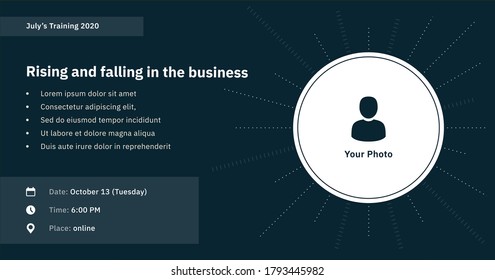 Classic training, webinar vector with icons, and a photo frame on a dark green background. Banner design template for the webinar, conference, e-mail, flyer, meetup, party, event, web header