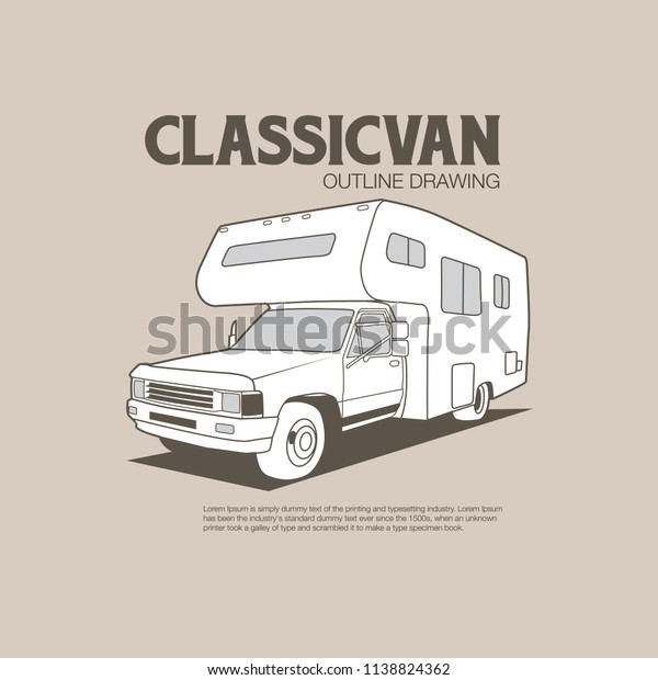 Classic travel van car family holiday.\
Outline drawing vector\
illustration.