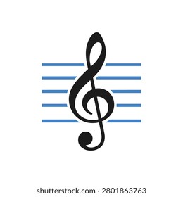 Classic treble clef with music staff icon vector illustration. Musical note melody silhouette isolated on white background for song and audio design.