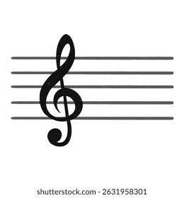 A classic treble clef symbol on a five-line musical staff, illustrated in a bold, distressed style. Ideal for music-related designs, sheet music elements, and educational materials.