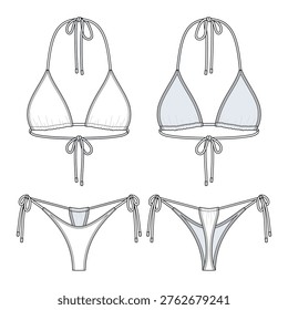 Classic Triangle Bikini Set Halter Top and Thong Bottom Minimal Swimwear Beachwear Fashion Flat Vector Pack