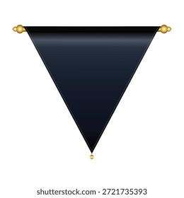 A classic triangular pennant banner in deep black or dark blue fabric, suspended from a gold rod with ornate golden finials. The blank surface is ideal for custom branding, logos, text, or emblems, making it a versatile design element for awards, sports, academic achievements, or decorative purposes. Isolated on a white background, with dashed lines resembling stitching, this vector illustration offers an elegant and customizable template.