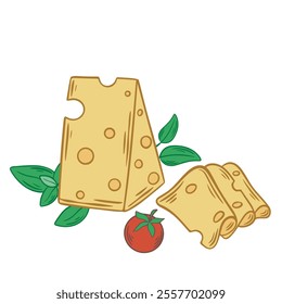 Classic triangular piece of cheese with holes and cut into slices. Hard sliced ​​cheese with leaves herbs spices and tomato, hand drawn clip art. Vector graphic. Healthy cooking. Dairy product