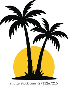 Una escena tropical clásica con dos siluetas oscuras de palmeras contra un vibrante sol amarillo, evocando sensaciones de relajación y verano.