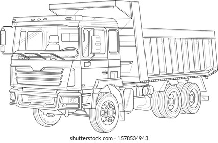 Classic truck car sketch. Vector illustration in black and white. Coloring paper, page, book