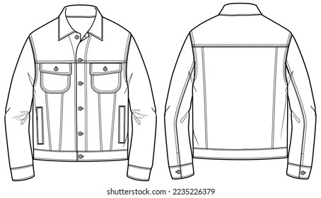 Classic trucker jacket design flat sketch Illustration front and back view vector template, Denim Jacket drawing mock up template for men and women