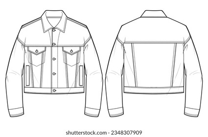 Classic Trucker Jacke Design flache Skizze Illustration Vorder- und Rückseite Vektorvorlage, Denim Jacket Zeichentabelle für Männer und Frauen