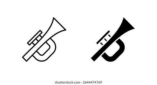 Trumpet clássico conjunto de ícone representando instrumentos de latão, música e desempenho. Ideal para bandas, orquestras e temas de entretenimento.