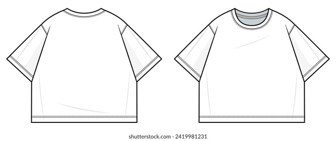 Classic T-shirt flat technical fashion illustration. Tee shirt vector template illustration. front and back view. XXL. Plus size. drop shoulder. unisex. white color. CAD mockup set.