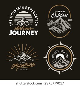 classic t-shirt graphic art assets. set collection of vintage adventure badge . Camping emblem logo with mountain illustration in retro hipster style.