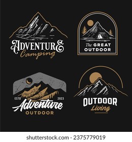 classic t-shirt graphic art assets. set collection of vintage adventure badge . Camping emblem logo with mountain illustration in retro hipster style.