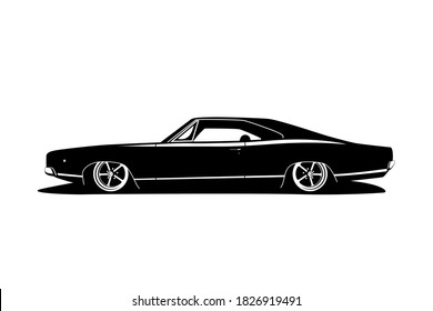 Auto de sintonización clásico con ruedas grandes, motor de potencia y compilación de autos bajos. Diseño vectorial plano blanco negro estilo gangsta americano. Vehículo de símbolo para imprimir o icono web.