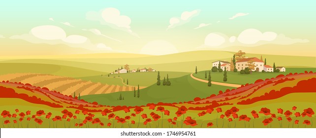 Classic Tuscan scenery flat color vector illustration. Italian hilltop towns at sunset 2D cartoon landscape. Romantic view of poppy and wheat fields. Winding roads in European countryside