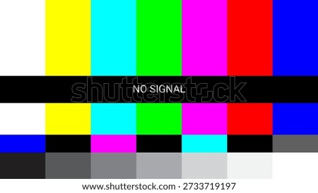 Classic TV 'No Signal' test pattern featuring vibrant color bars and a black banner. Represents broadcast errors, technical issues, retro television, and screen interruptions.
