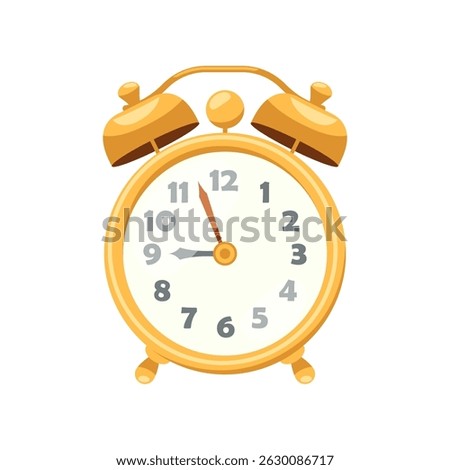 Classic twin bell table alarm clock with ringing tops. Vector icon of retro wake up timepiece for snooze or sleep alert. Round ringing timepiece, desk clockface. Twit bell and timer. Punctuality.