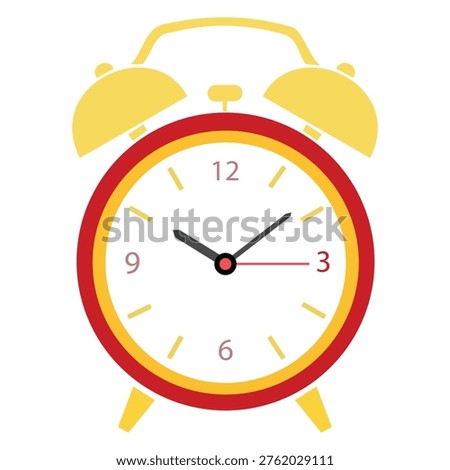 Classic twin-bell alarm clock with yellow and red design. Analog time display with traditional wake-up bells illustration. Perfect for time management, morning routine, and punctuality-themed designs.
