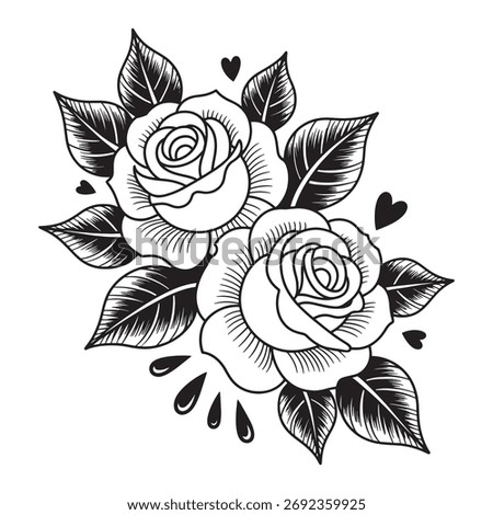 Classic Two Roses Tattoo Vector Illustration - Old School Floral with Hearts and Leaves