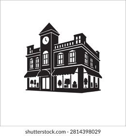Classic two-story building adorned with an antique clock tower, numerous windows, and inviting ground-level storefronts with striped awnings. This illustration evokes the charm of a traditional shopping district or a bustling town center, capturing architectural elegance and commercial activity.