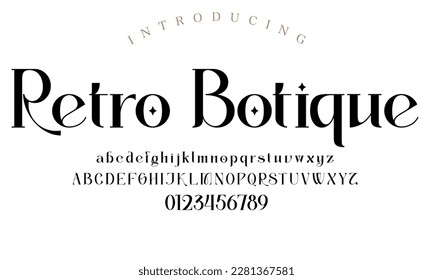 Klassische Typografie-Serifenschrift. Großbuchstaben, Kleinbuchstaben, Ligaturen, Ampersand, Ausweichzeichen und Zahl. Vektorgrafik-Wort. Lettering Minimal Fashion Designs Romance Elegant.