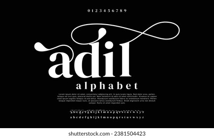 Classic typography serif font. Uppercase, lowercase, ligatures, ampersand, alternate, and number. Lettering Minimal Fashion Designs Romance Elegant. Vector illustration word.