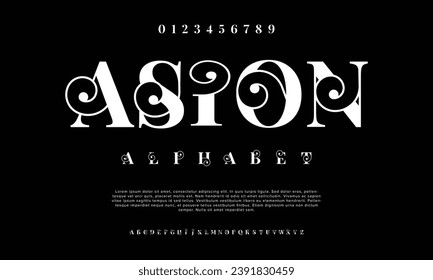 Classic typography serif font. Uppercase, lowercase, ligatures, ampersand, alternate, and number. Vector illustration word. Lettering Minimal Fashion Designs Romance Elegant.