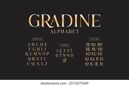 Classic typography serif font. Uppercase, lowercase, ligatures, ampersand, alternate, and number. Vector illustration word. Lettering Minimal Fashion Designs Romance Elegant.