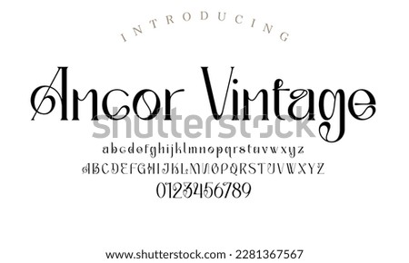 Classic typography serif font. Uppercase, lowercase, ligatures, ampersand, alternate, and number. Vector illustration word. Lettering Minimal Fashion Designs Romance Elegant.