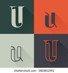 Classic U letter logo set in Renaissance style. Four style condensed serif font. Perfect to use in any fashion labels, glamour posters, luxury identity, etc.