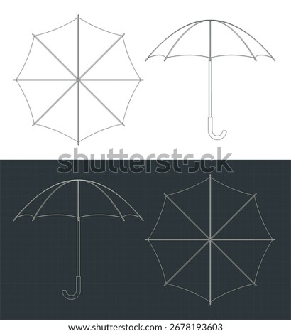 Classic umbrella blueprints stylized vector illustrations