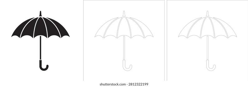 Classic umbrella, open canopy, rain protection, handle, waterproof fabric, weather accessory, vector illustration.