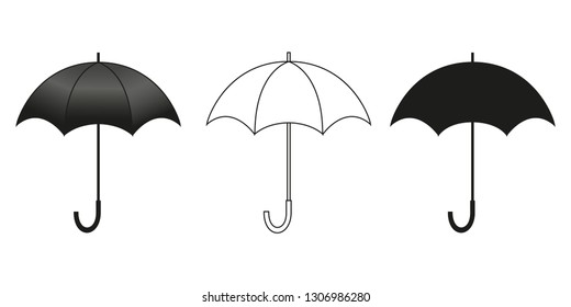 Classic umbrella in three versions for design. Isolated black blvector illustration on white background.