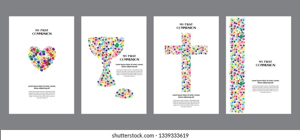 Classic, universal kids hand prints rainbow religious template poster, flyer, invitation card My first communion.